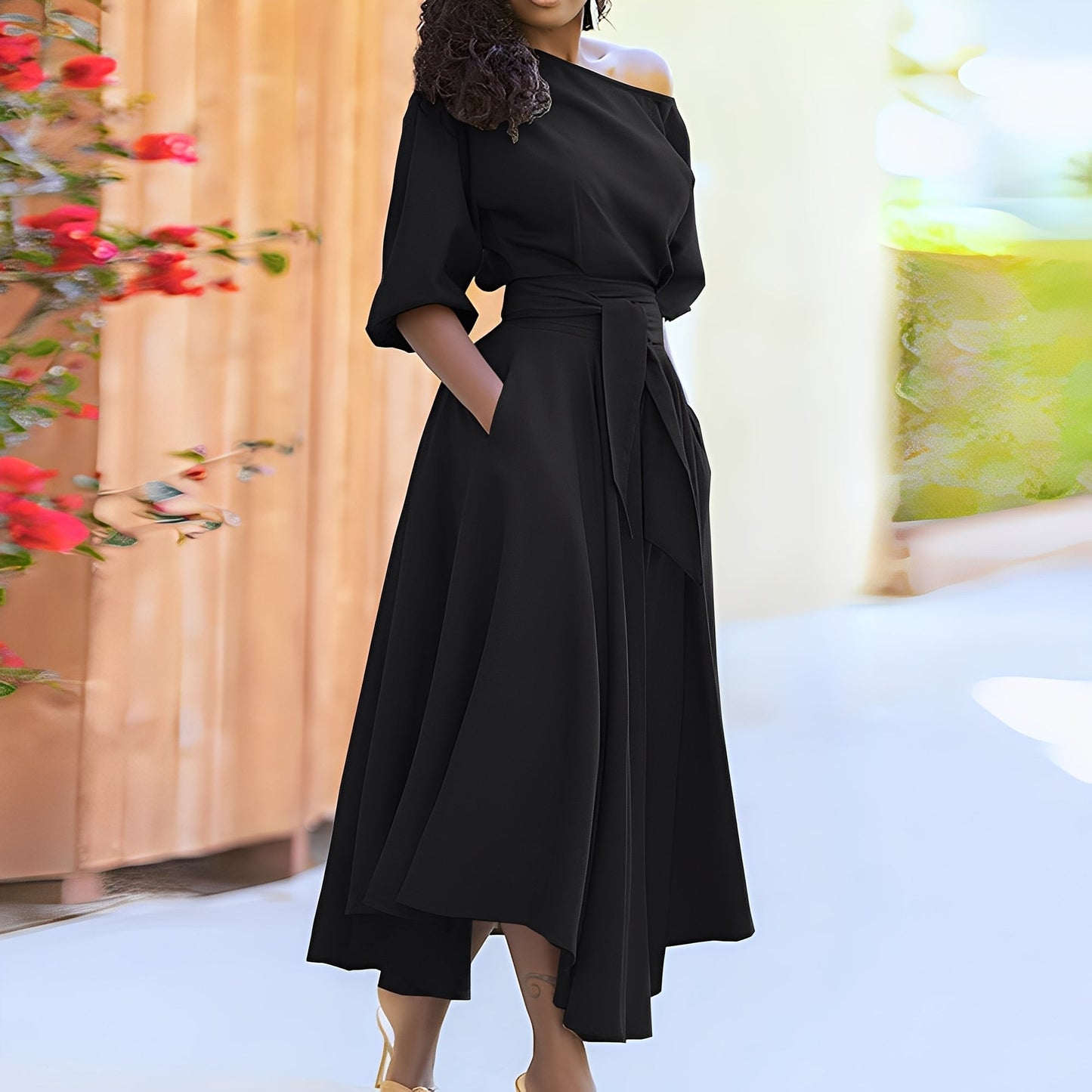 Dahlia - Elegant off-shoulder dress with belt for women