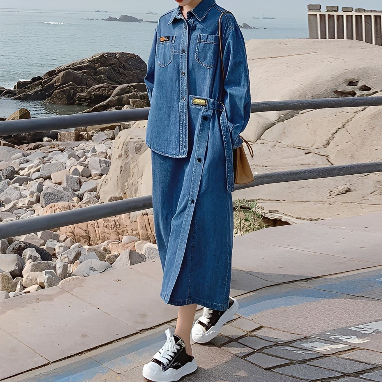 Christabel - Long retro denim dress with pockets for women