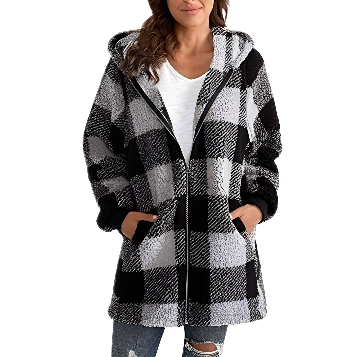 Desirae - Stylish checkered hooded cardigan for women