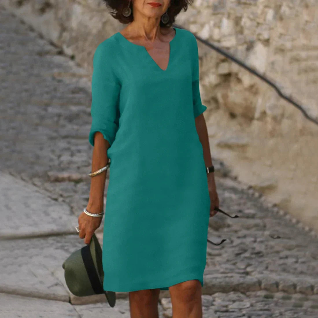Lina Elegant dress with V-neckline and 3/4 sleeves for women Esthtica.com Lina Elegant dress with V-neckline and 3/4 sleeves for women Esthtica.com