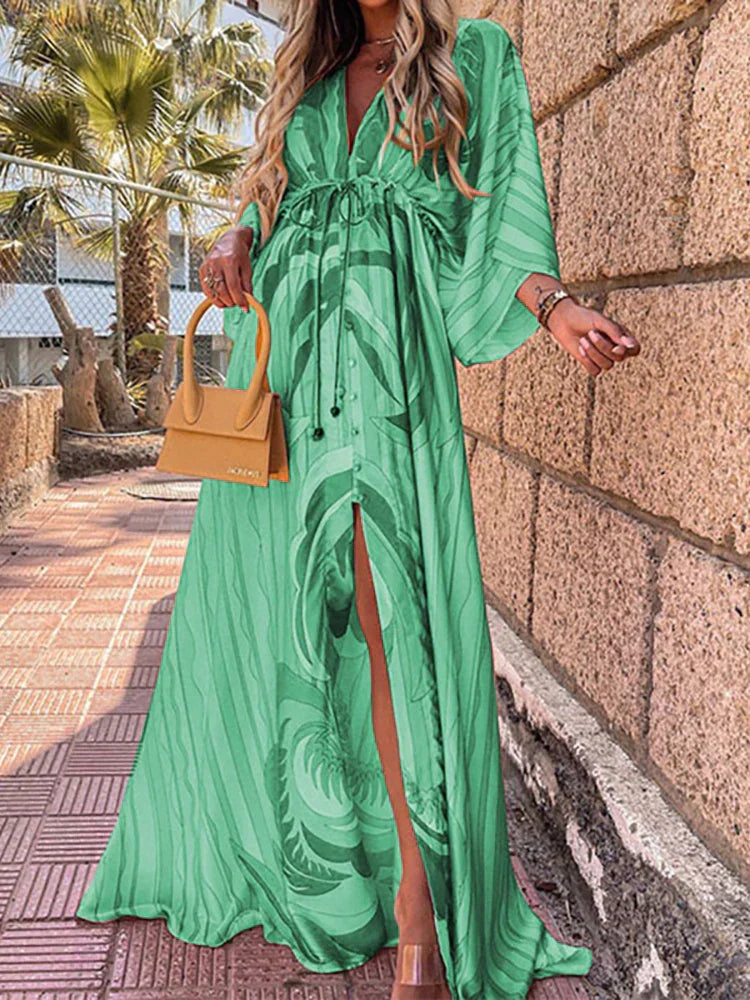 Romina – Ρευστό μάξι φόρεμα με ζώνη μέσης