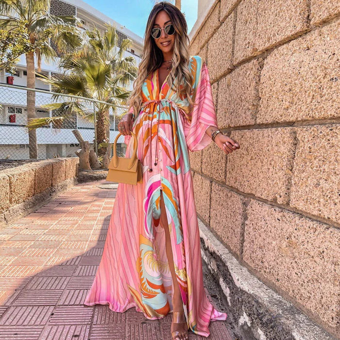 Romina – Ρευστό μάξι φόρεμα με ζώνη μέσης