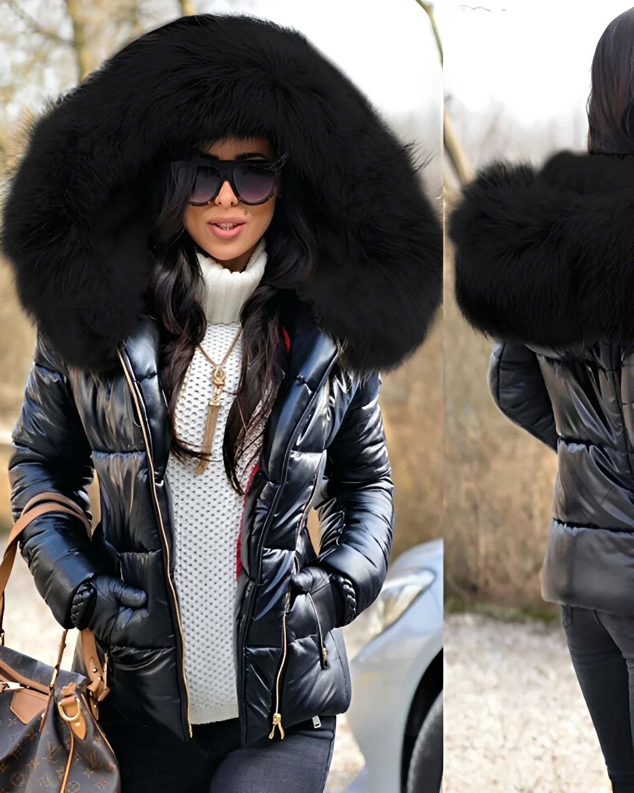 Jessica - Λαμπερή Πουπουλένια Ζακέτα με Κουκούλα για Γυναίκες