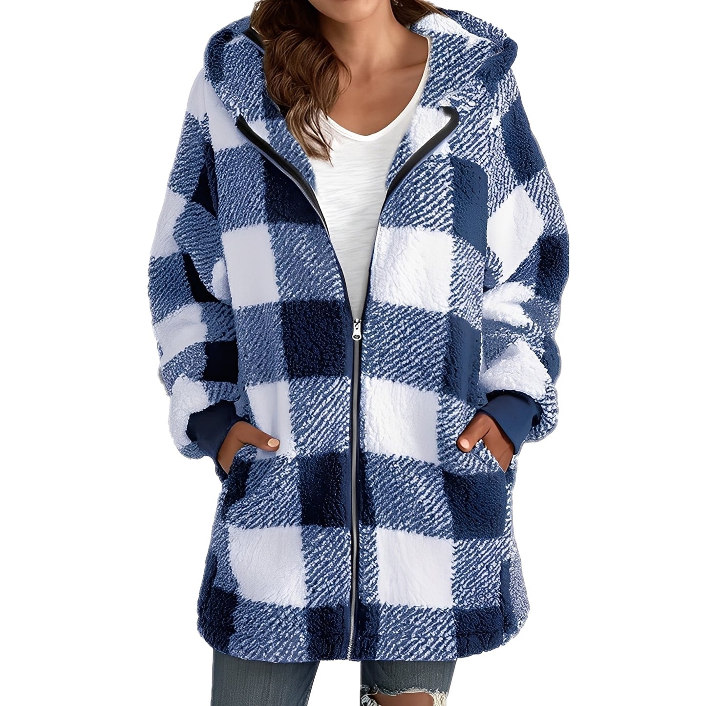 Desirae - Stylish checkered hooded cardigan for women