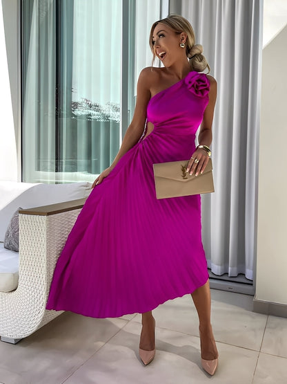 Rachael - Light pleated dress with floral shoulder for women