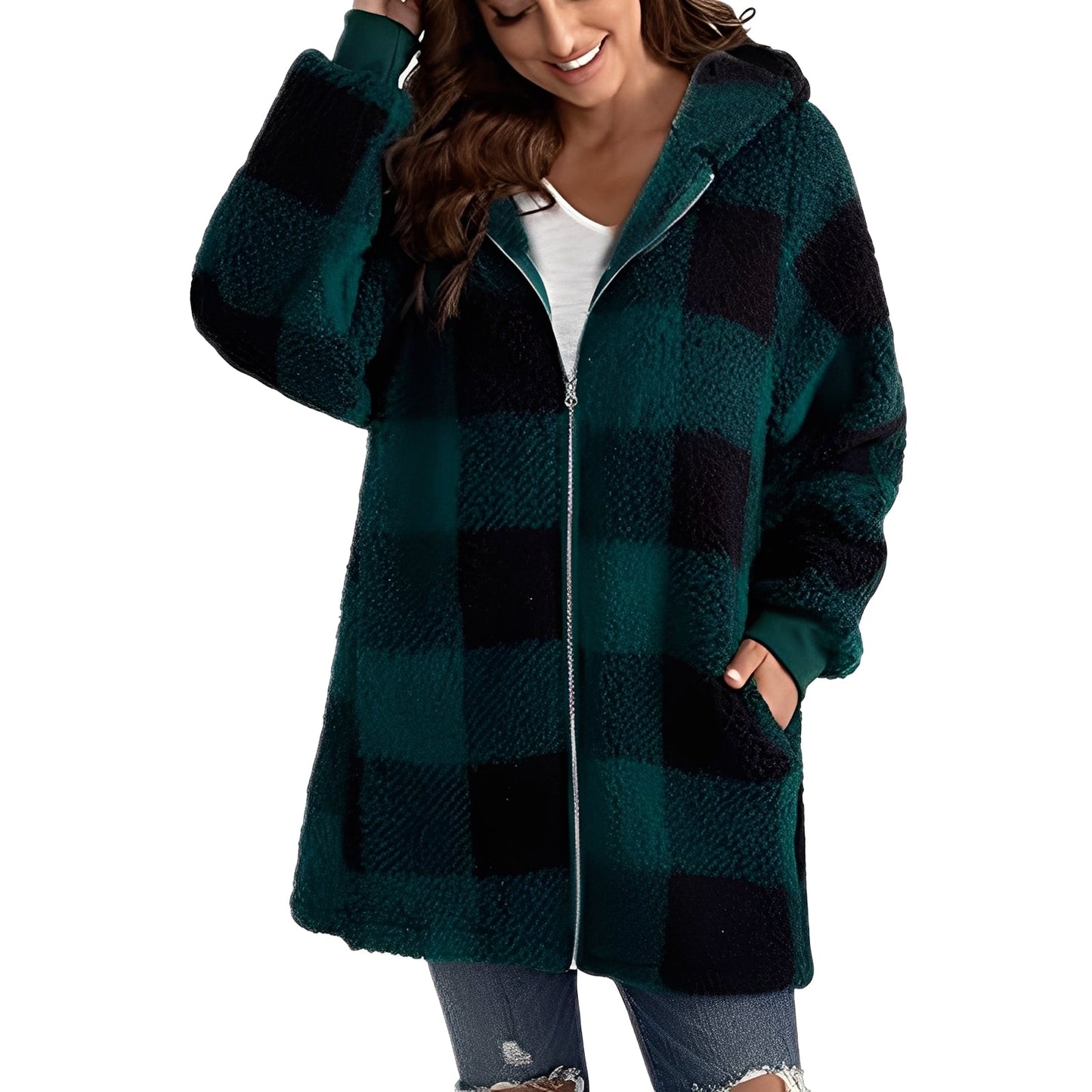 Desirae - Stylish checkered hooded cardigan for women