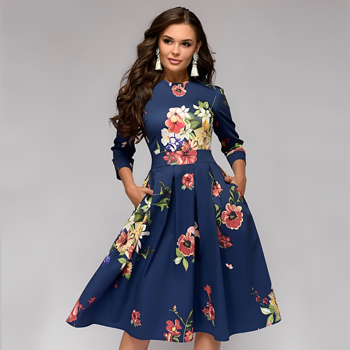 Elisabeth - Stylish, long-sleeved dress with flowers for women