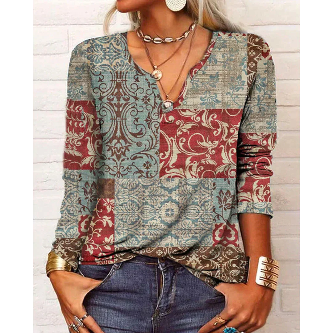Katharina - Multicolored Blouse in Boho Style, Long Sleeve and V-Neck