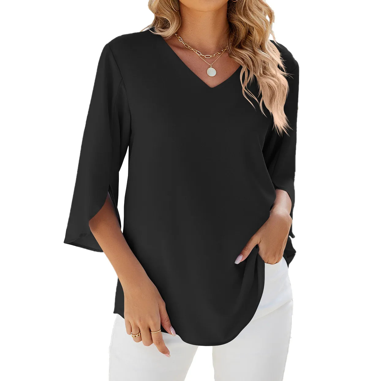 Caetana – Chiffon blouse with short sleeves and V-neckline