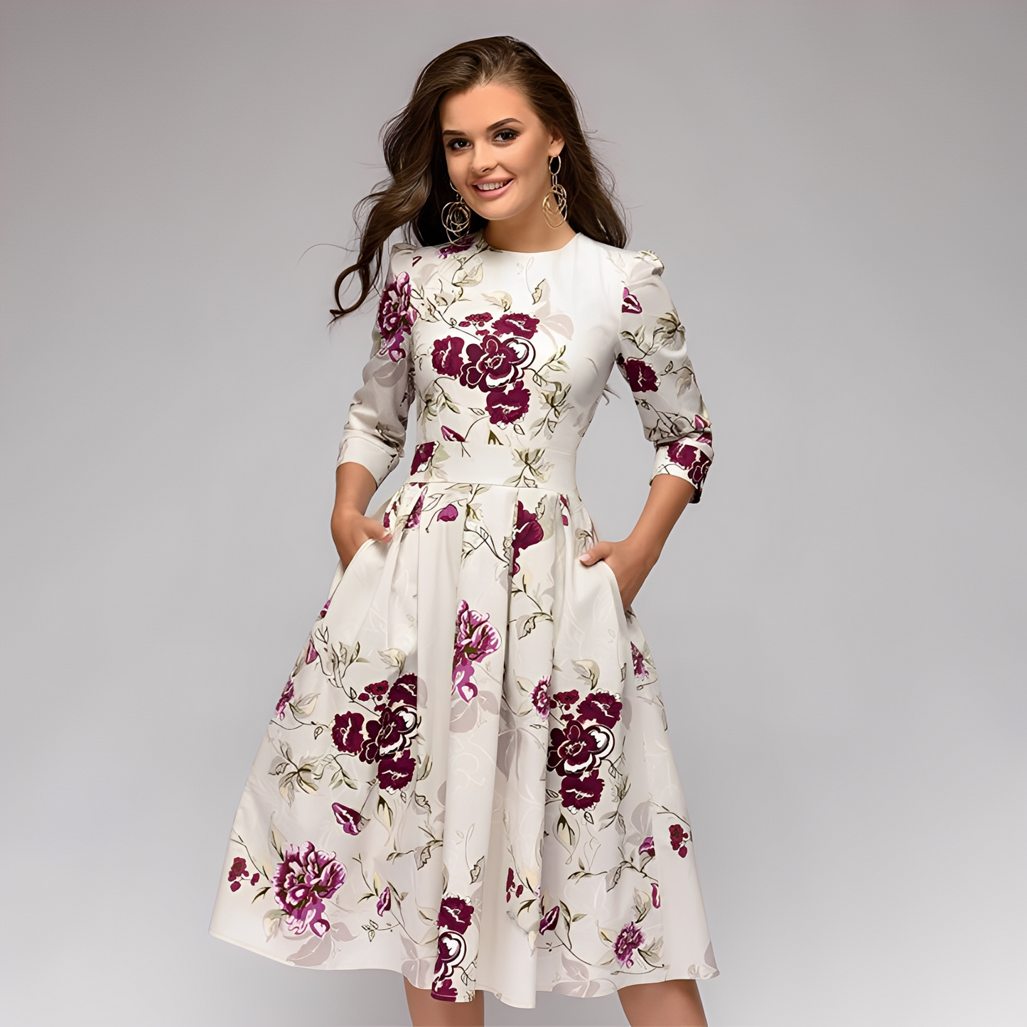 Elisabeth - Stylish, long-sleeved dress with flowers for women