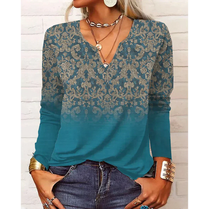 Katharina - Multicolored Blouse in Boho Style, Long Sleeve and V-Neck
