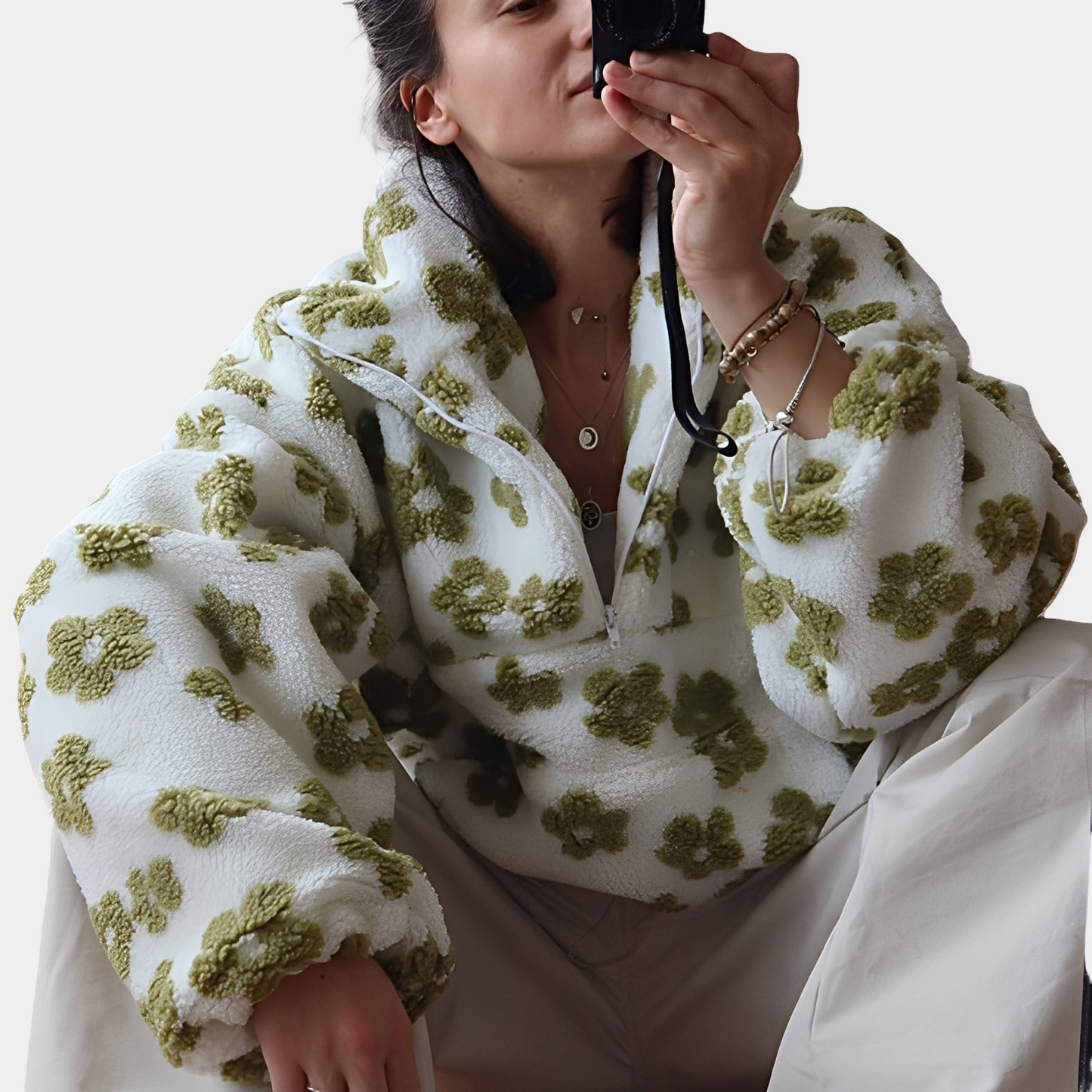 Elizabeth - Κομψό πουλόβερ Sherpa με λουλουδάτο μοτίβο για γυναίκες