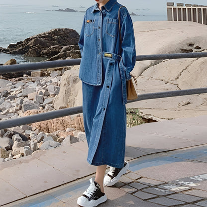 Christabel - Long retro denim dress with pockets for women