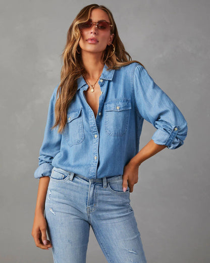 Susan - Retro Denim Shirt with Notched Collar for Women