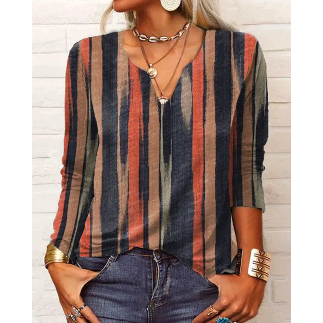 Katharina - Multicolored Blouse in Boho Style, Long Sleeve and V-Neck