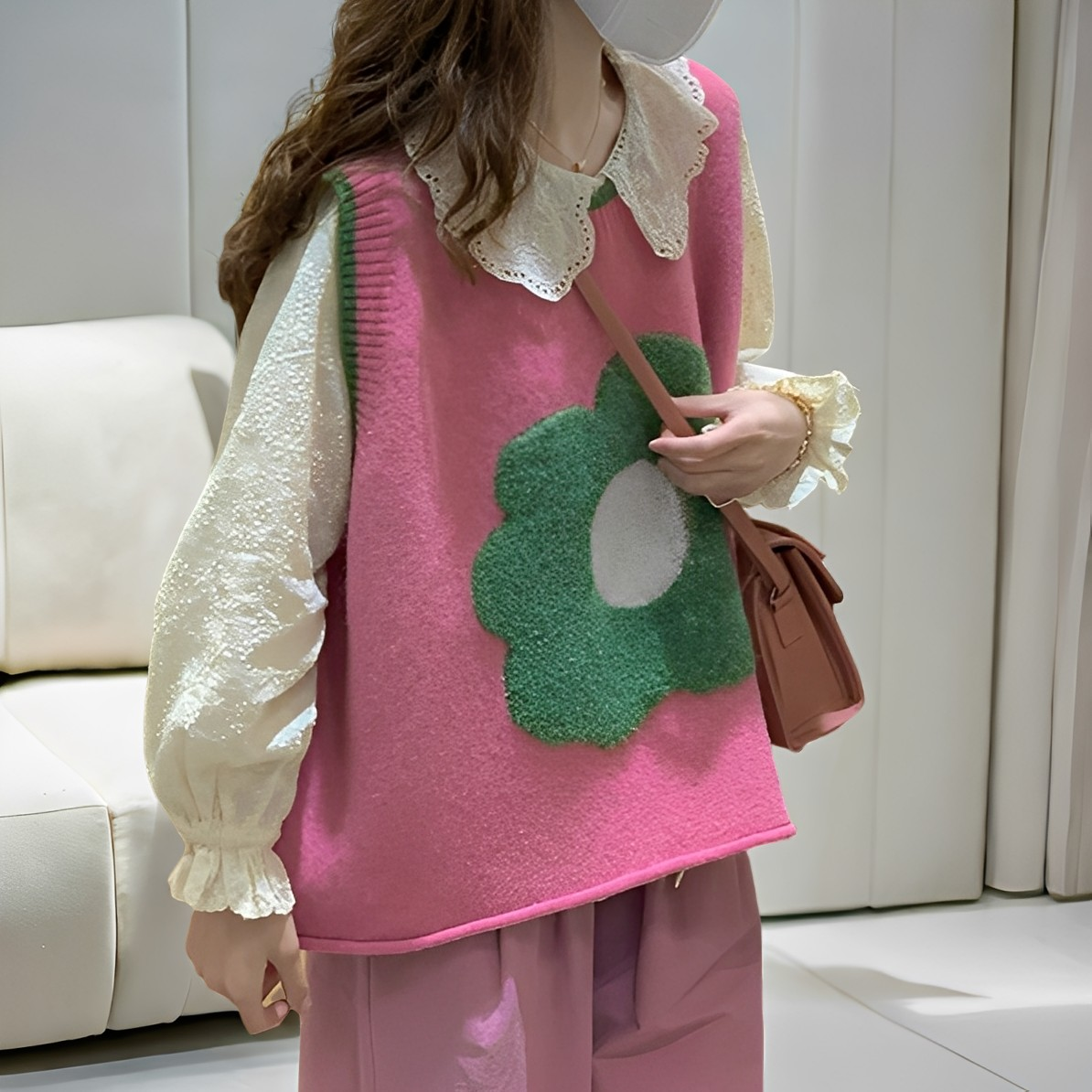 Lavina - Καθημερινή Πλεκτή Γιλέκο με Λουλούδι Patchwork για Γυναίκες