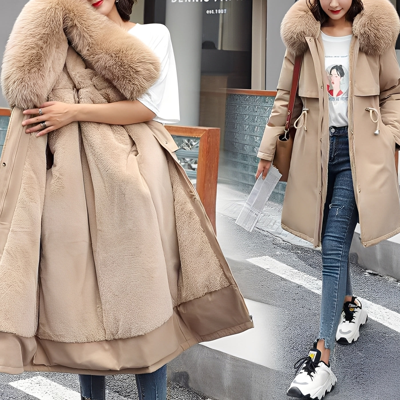 Evette - stylowy, ciepły, podszyty płaszcz z kapturem dla kobiet