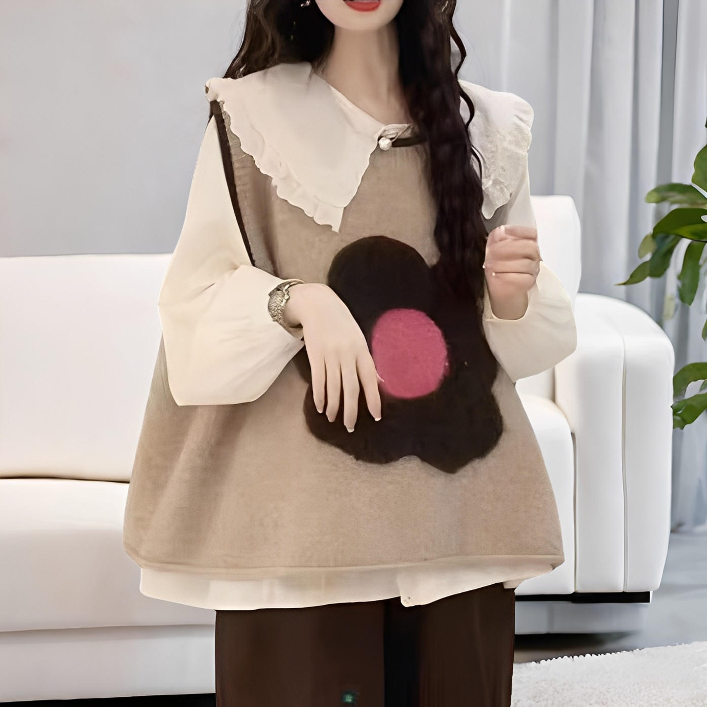 Lavina - Καθημερινή Πλεκτή Γιλέκο με Λουλούδι Patchwork για Γυναίκες