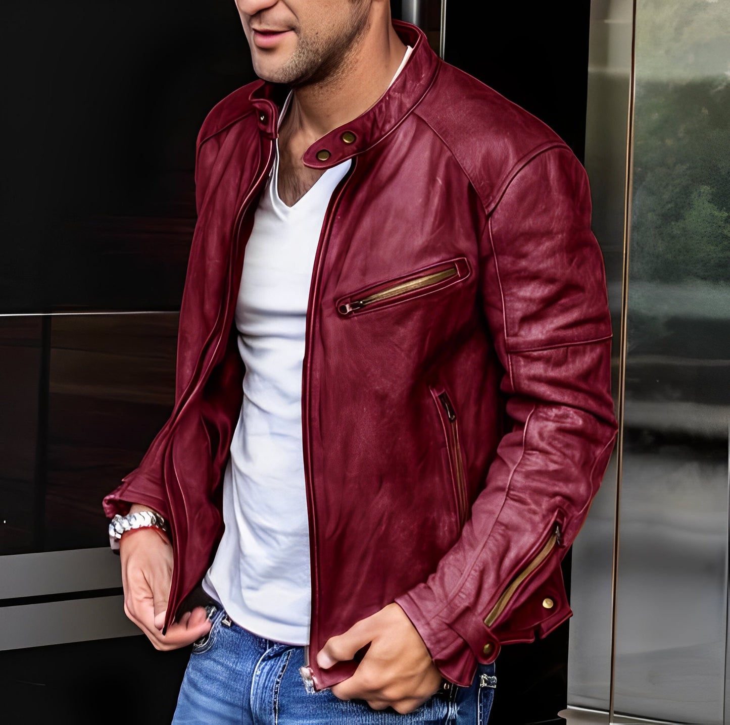 Winston - Multipurpose Leather Jacket with Stand-up Collar for Men