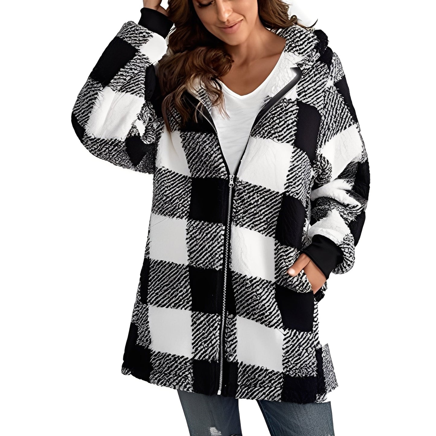 Desirae - Stylish checkered hooded cardigan for women