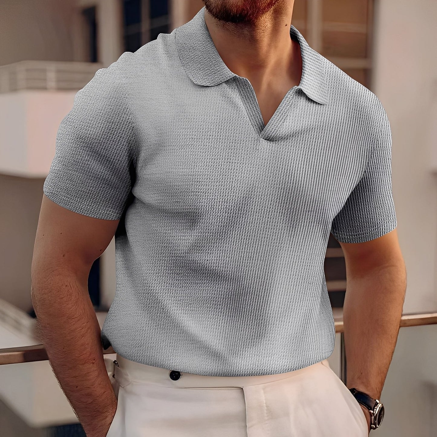 Harley - Prosta krótka koszulka polo z fakturą dla mężczyzn