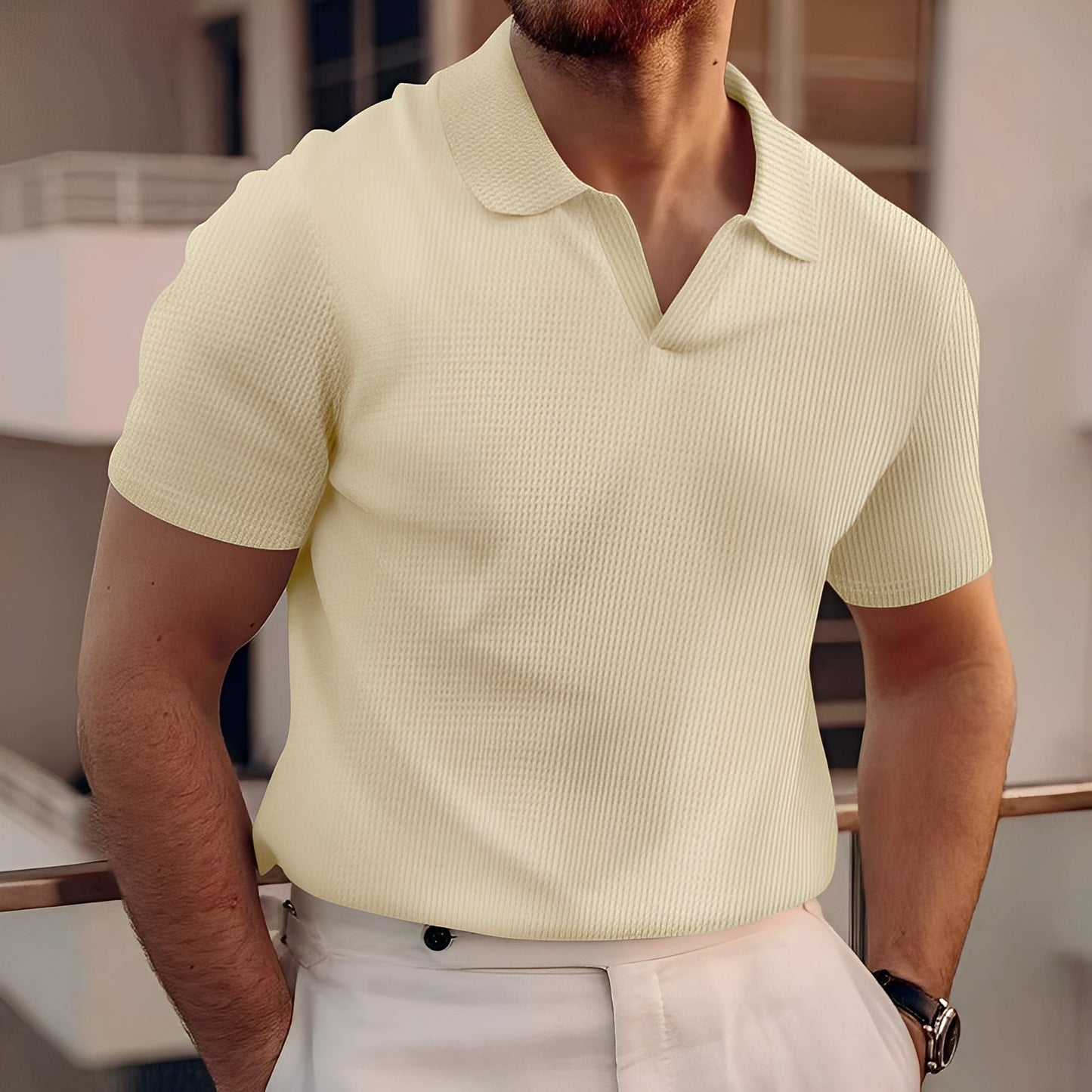 Harley - Prosta krótka koszulka polo z fakturą dla mężczyzn