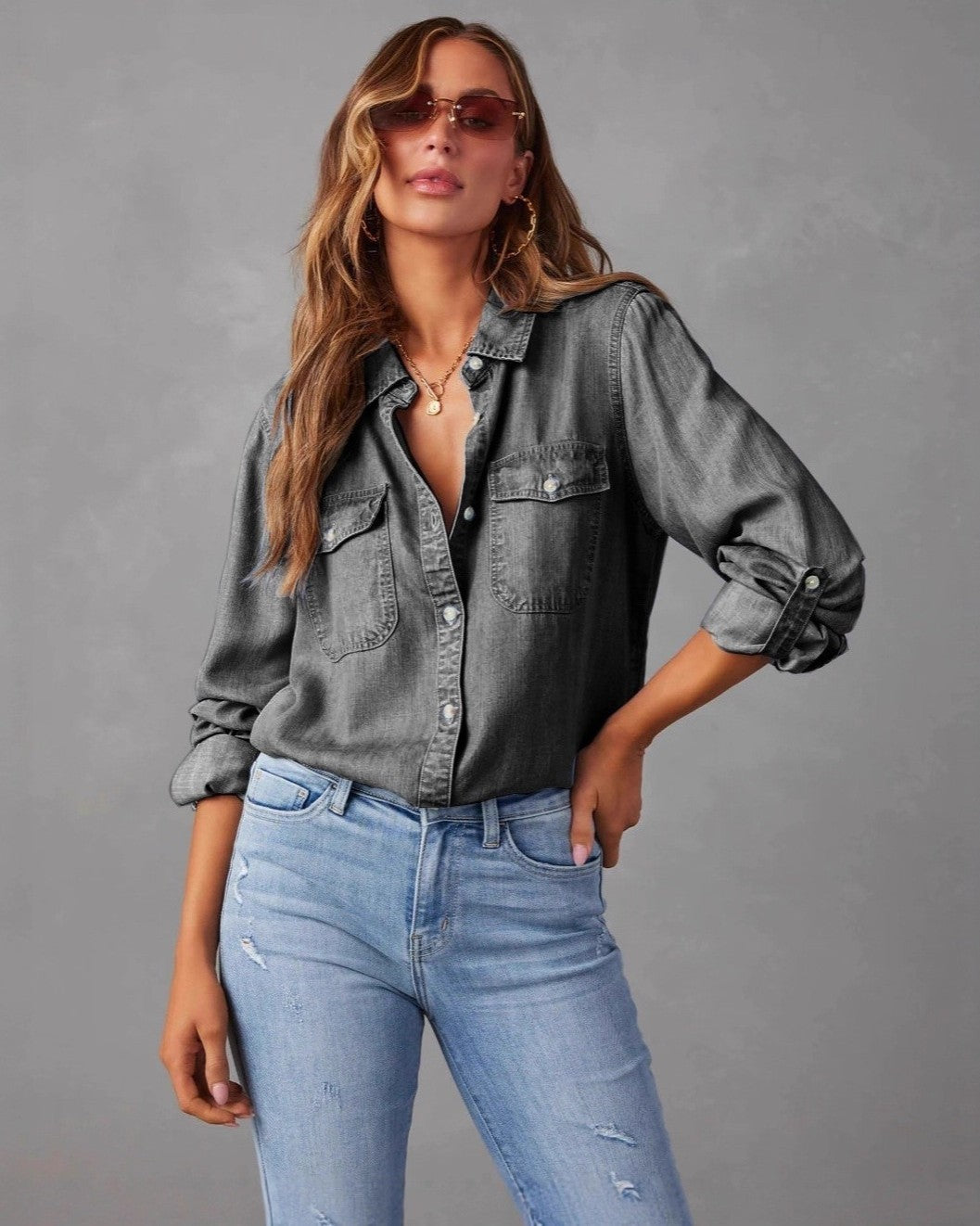 Susan - Retro Denim Shirt with Notched Collar for Women