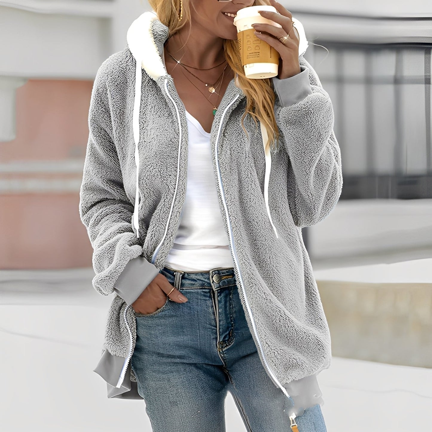 Rheanna - Warm fleece jacket with hood for women