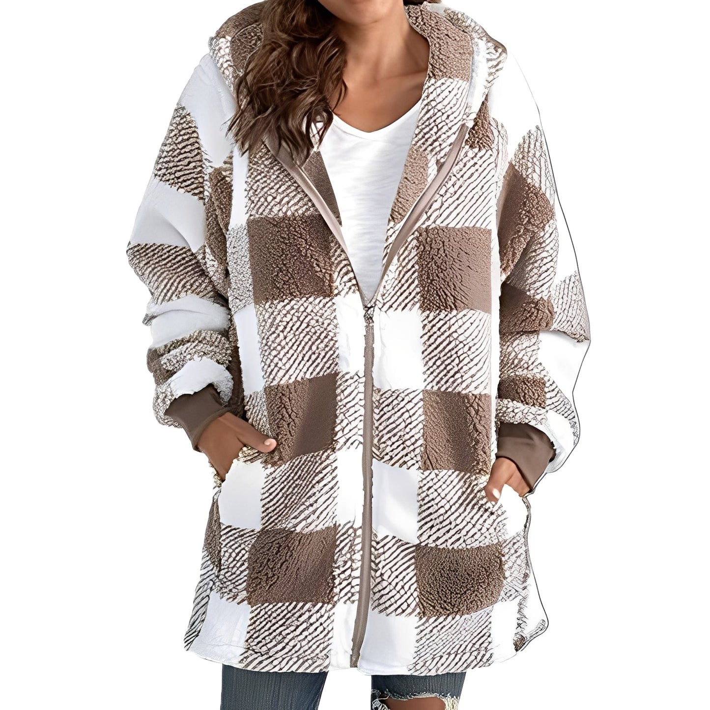 Desirae - Stylish checkered hooded cardigan for women
