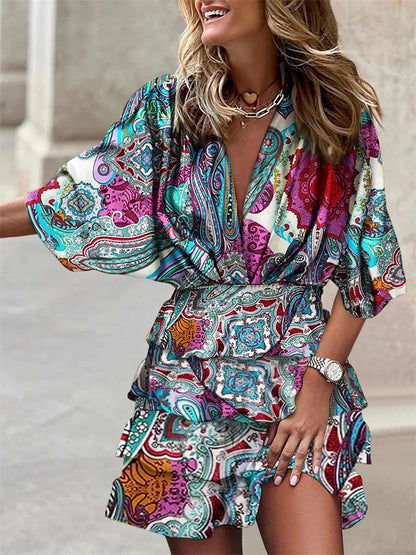 Liora – Flower Dress with V Neckline and Ruffles