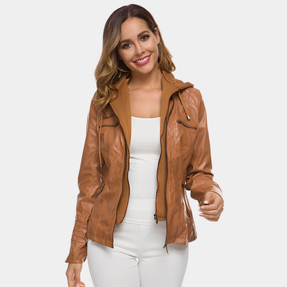 Jaylene - Stylish waterproof leather jacket with hood for women