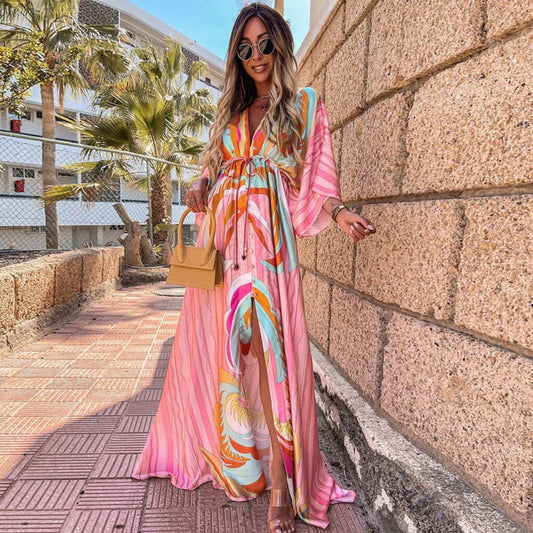 Romina – Ρευστό μάξι φόρεμα με ζώνη μέσης