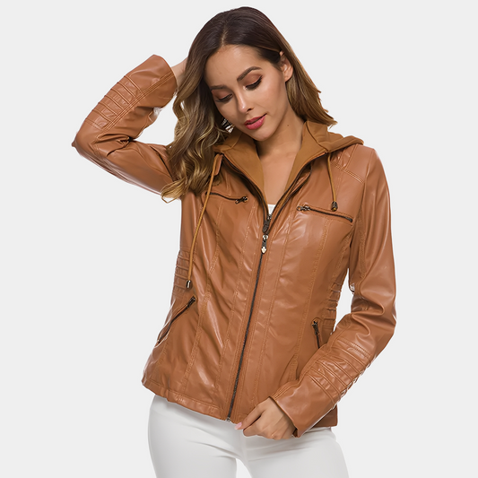 Jaylene - Stylish waterproof leather jacket with hood for women