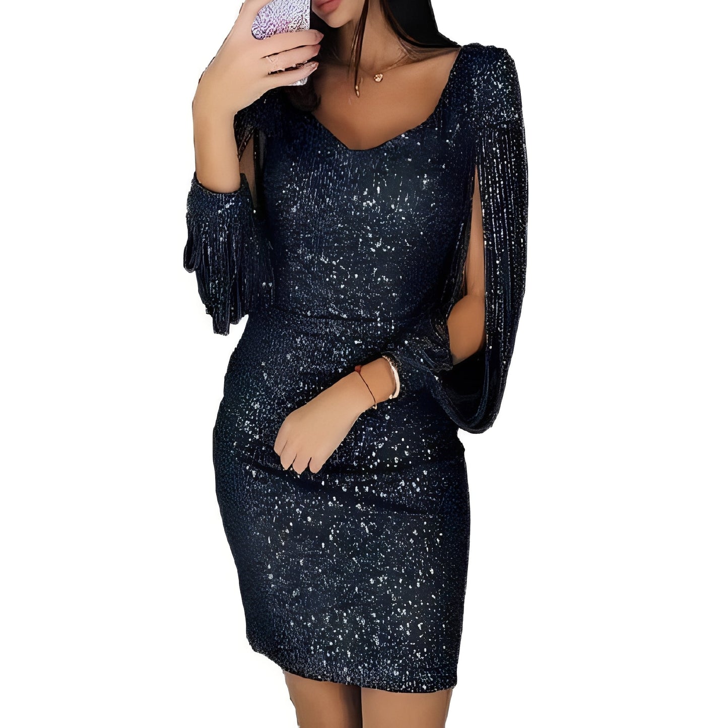 Marianna - Elegant, shiny evening dress with long sleeves for women